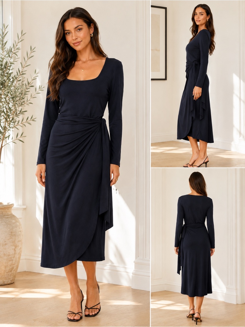 Square Neck Long Sleeve Navy Ruched Midi wrap Dress